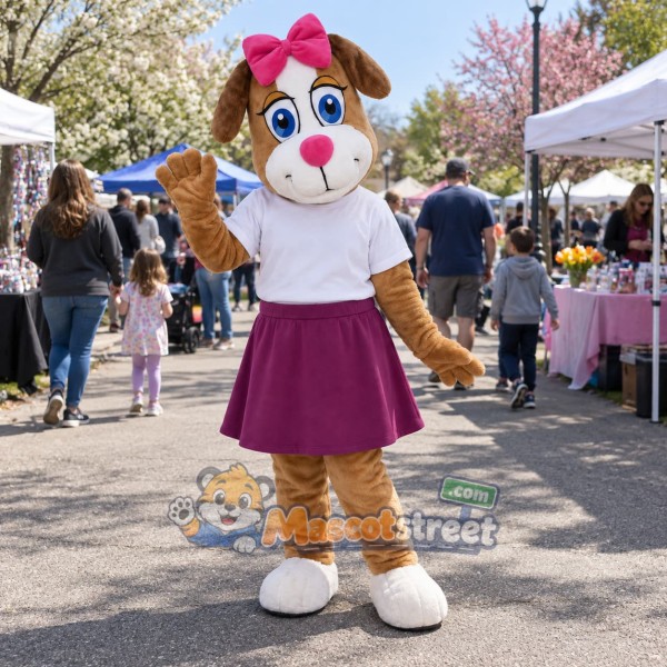 Brown and White Dog Mascot Costume with White Shirt and Purple Skirt