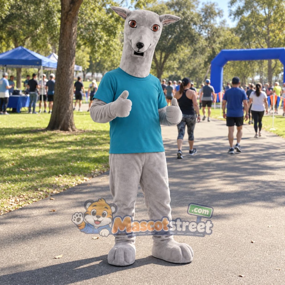 Gray Greyhound Mascot Costume with Teal Shirt Gray Greyhound Mascot Costume with Teal Shirt