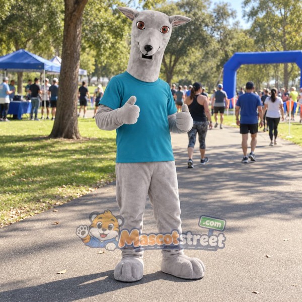 Gray Greyhound Mascot Costume with Teal Shirt