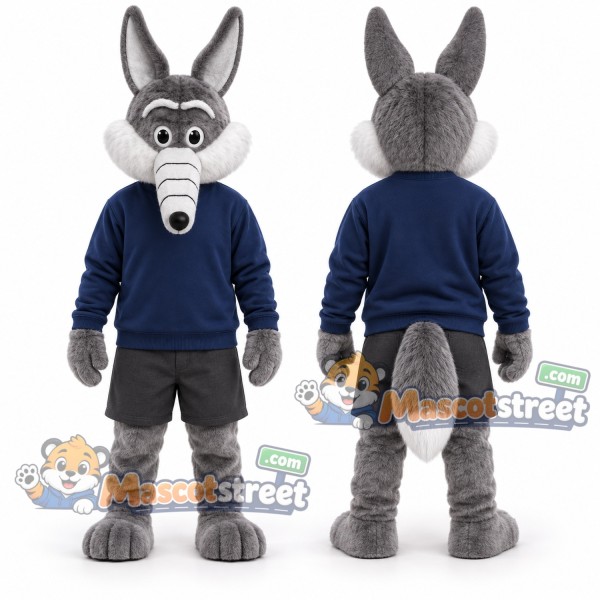 Gray Wolf Mascot Costume with Navy Sweater and Gray Shorts