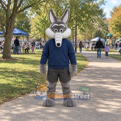 Gray Wolf Mascot Costume with Navy Sweater and Gray Shorts Gray Wolf Mascot Costume with Navy Sweater and Gray Shorts