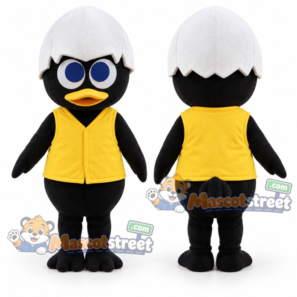 Black Easter Chick Mascot Costume with Yellow Vest and Eggshell Hat Black Easter Chick Mascot Costume with Yellow Vest and Eggshell Hat