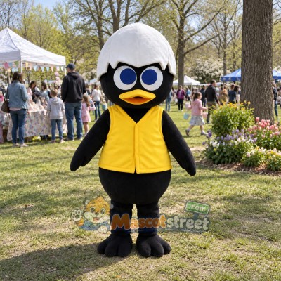 Black Easter Chick Mascot Costume with Yellow Vest and Eggshell Hat Black Easter Chick Mascot Costume with Yellow Vest and Eggshell Hat