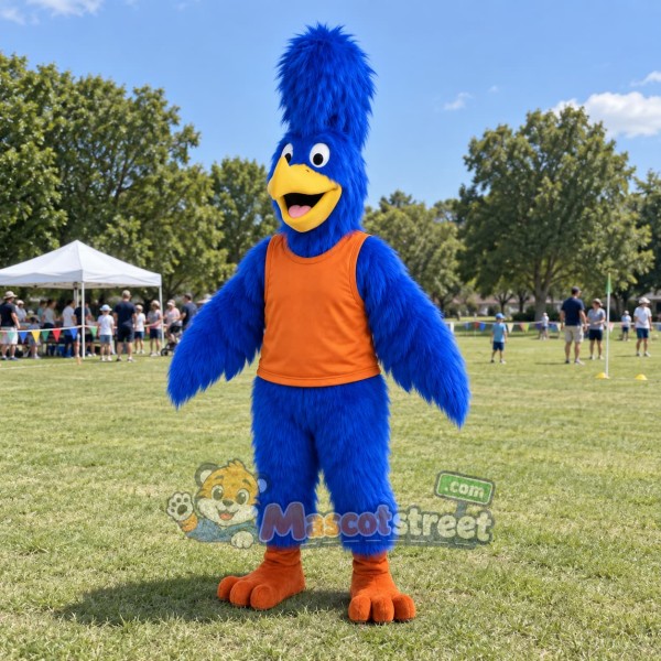 Blue Roadrunner Mascot Costume with Orange Shirt