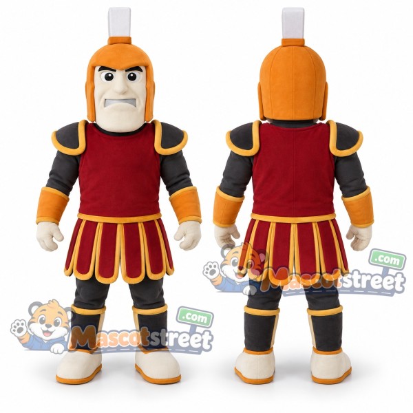 Spartan Warrior Mascot Costume with Burgundy Armor and Orange Helmet