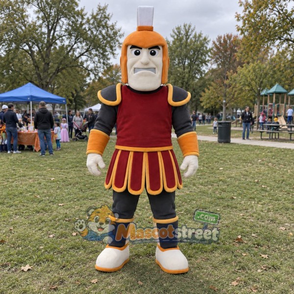 Spartan Warrior Mascot Costume with Burgundy Armor and Orange Helmet