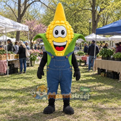 Corn Mascot Costume with Blue Overalls Corn Mascot Costume with Blue Overalls