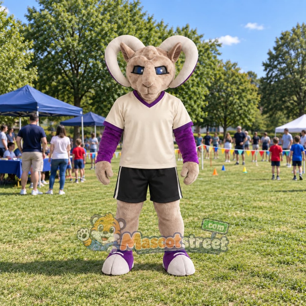Ram Mascot Costume with Cream Shirt and Black Shorts