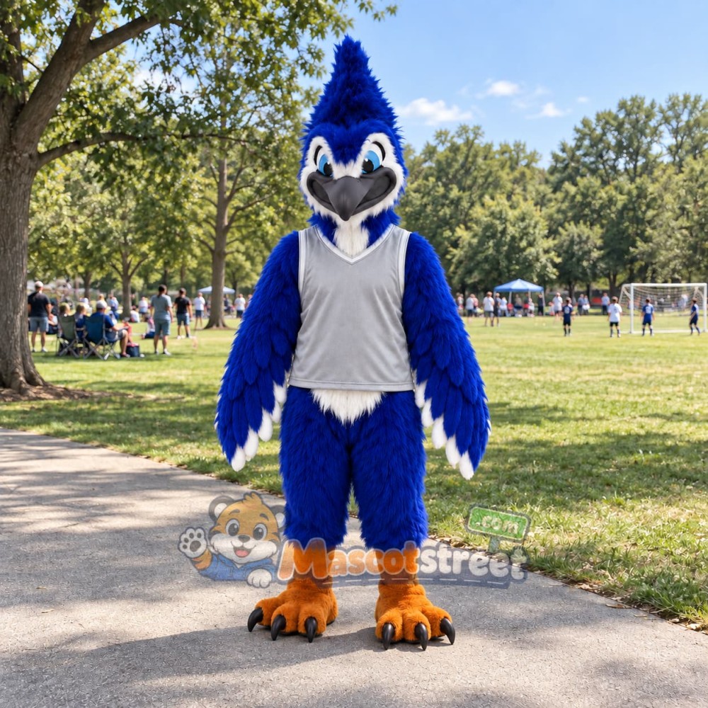 Blue Bird Mascot Costume with Gray Shirt Blue Bird Mascot Costume with Gray Shirt