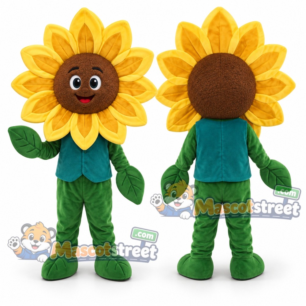 Sunflower Mascot Costume with Teal Shirt Sunflower Mascot Costume with Teal Shirt