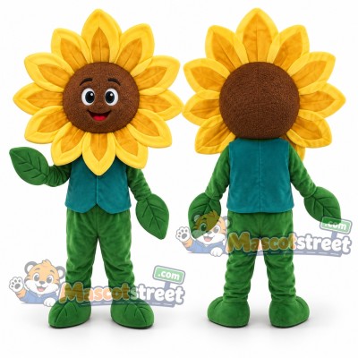 Sunflower Mascot Costume with Teal Shirt Sunflower Mascot Costume with Teal Shirt