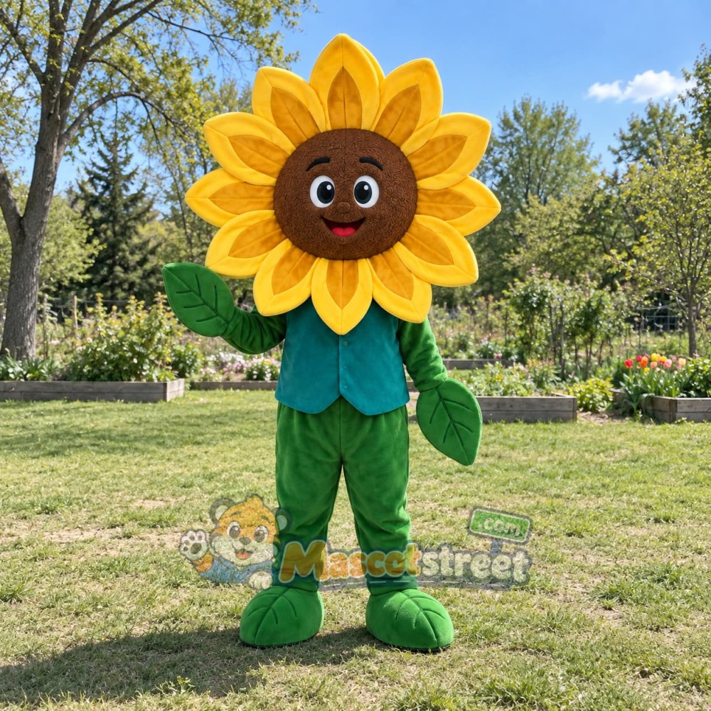 Sunflower Mascot Costume with Teal Shirt Sunflower Mascot Costume with Teal Shirt