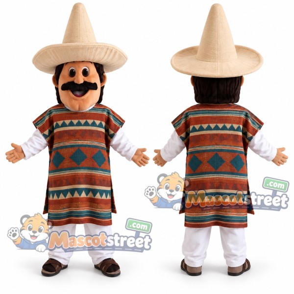 Mustached Man Mascot Costume with Patterned Poncho and Sombrero