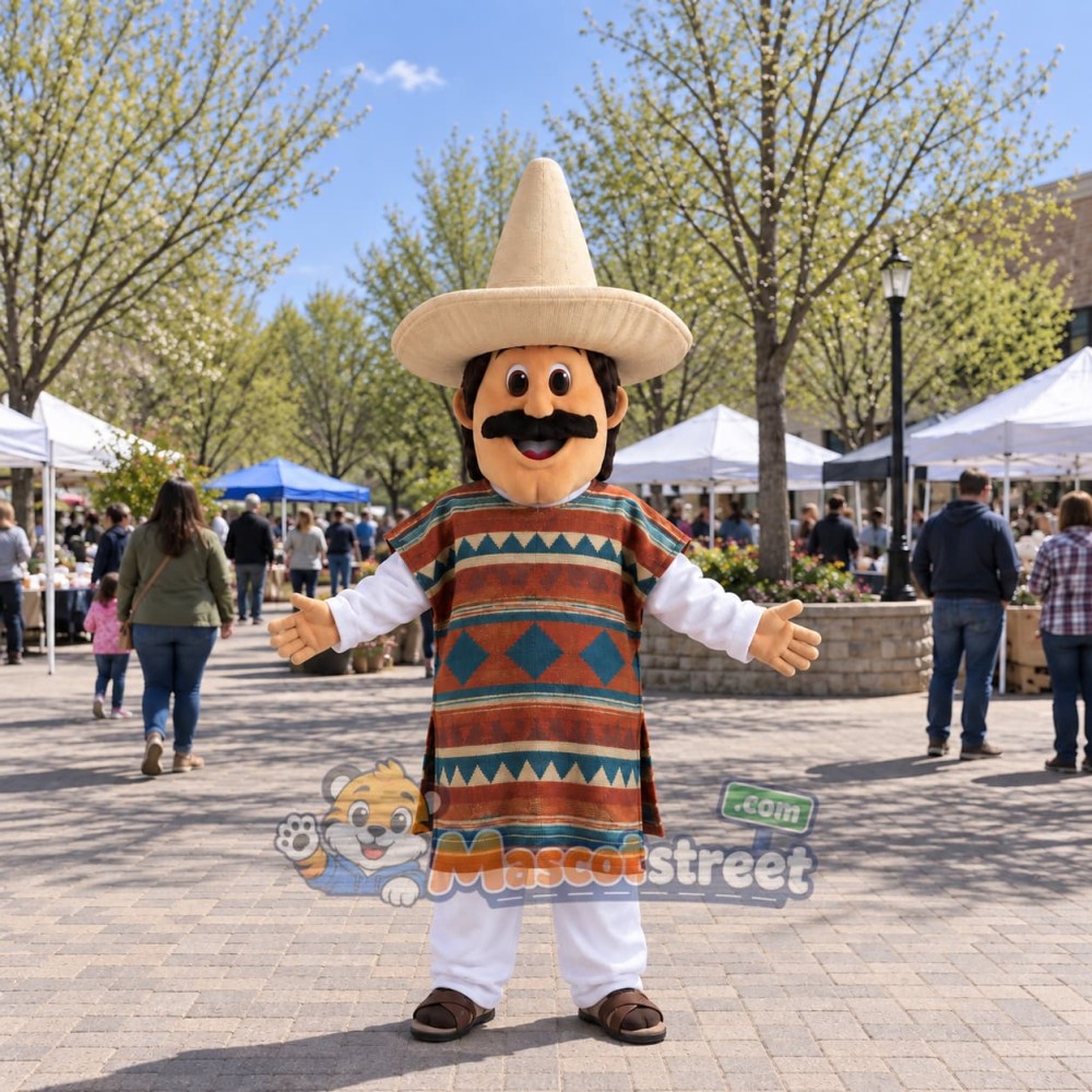 Mustached Man Mascot Costume with Patterned Poncho and Sombrero Mustached Man Mascot Costume with Patterned Poncho and Sombrero