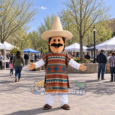 Mustached Man Mascot Costume with Patterned Poncho and Sombrero Mustached Man Mascot Costume with Patterned Poncho and Sombrero