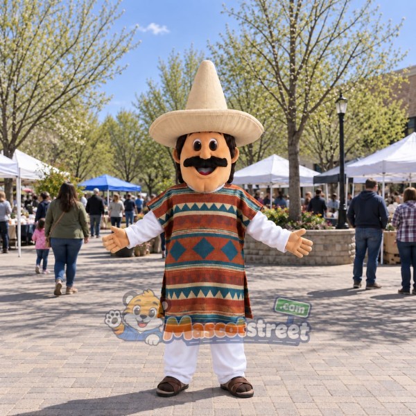 Mustached Man Mascot Costume with Patterned Poncho and Sombrero
