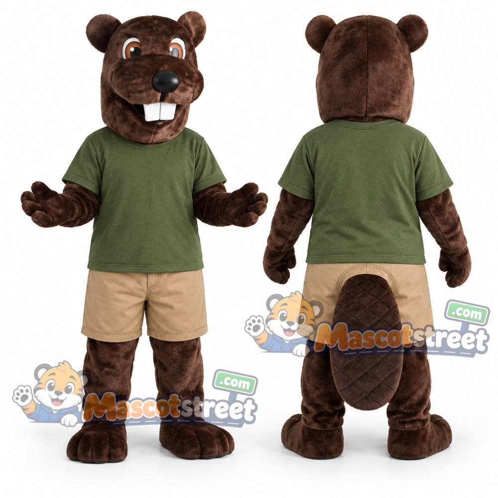Brown Beaver Mascot Costume with Green Shirt and Khaki Shorts
