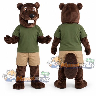 Brown Beaver Mascot Costume with Green Shirt and Khaki Shorts