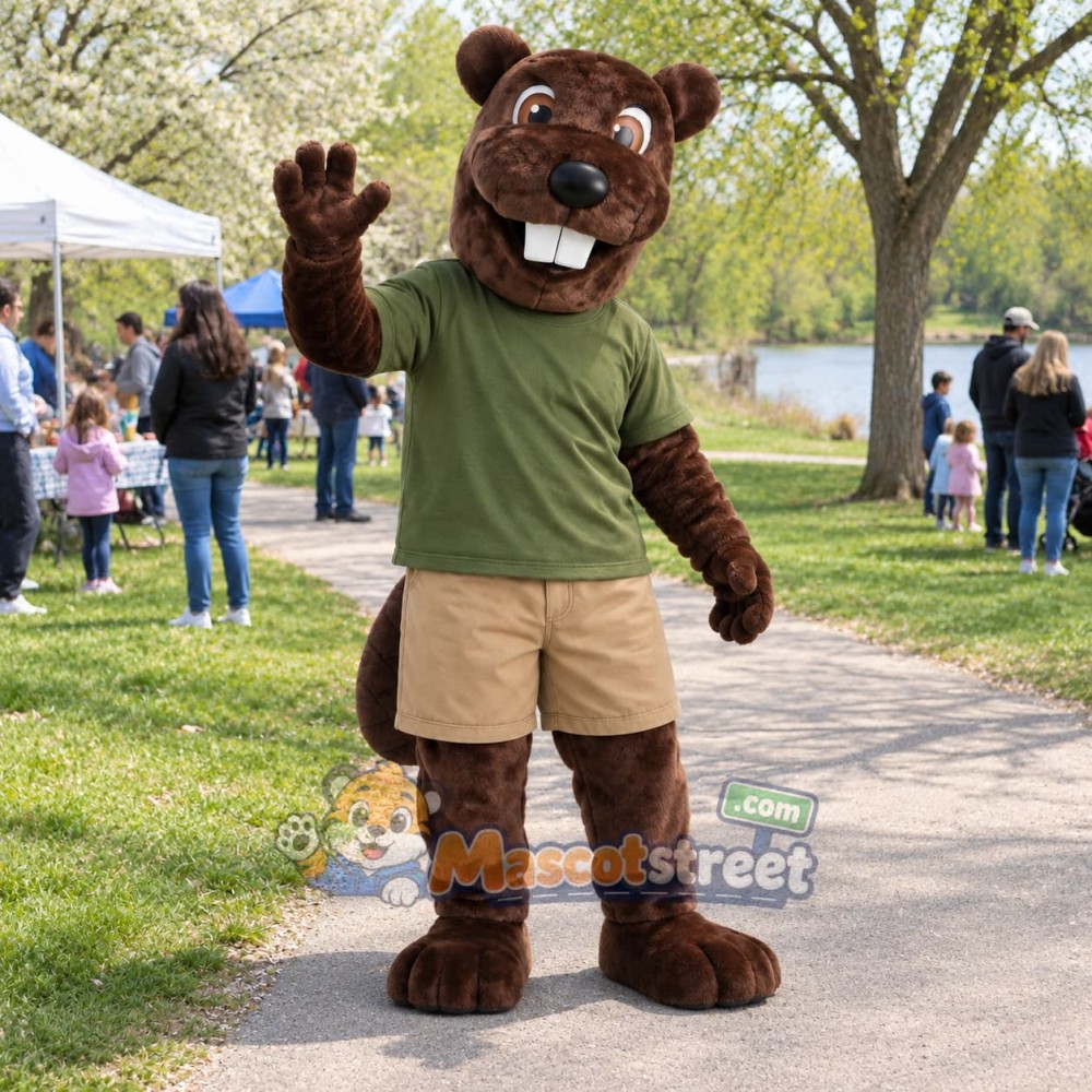 Brown Beaver Mascot Costume with Green Shirt and Khaki Shorts