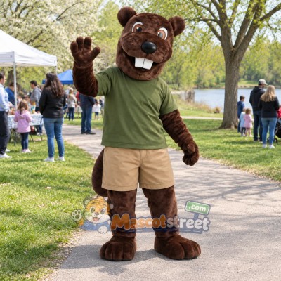 Brown Beaver Mascot Costume with Green Shirt and Khaki Shorts