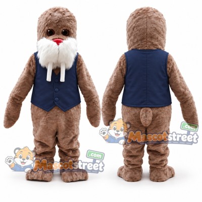 Brown Walrus Mascot Costume with Navy Vest Brown Walrus Mascot Costume with Navy Vest