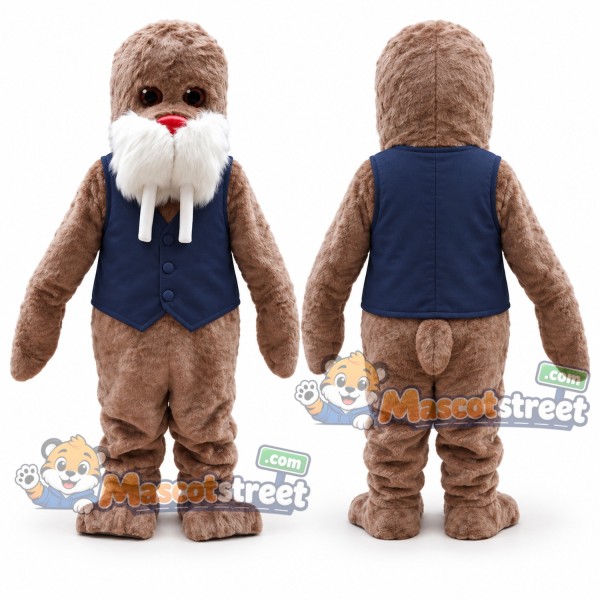 Brown Walrus Mascot Costume with Navy Vest
