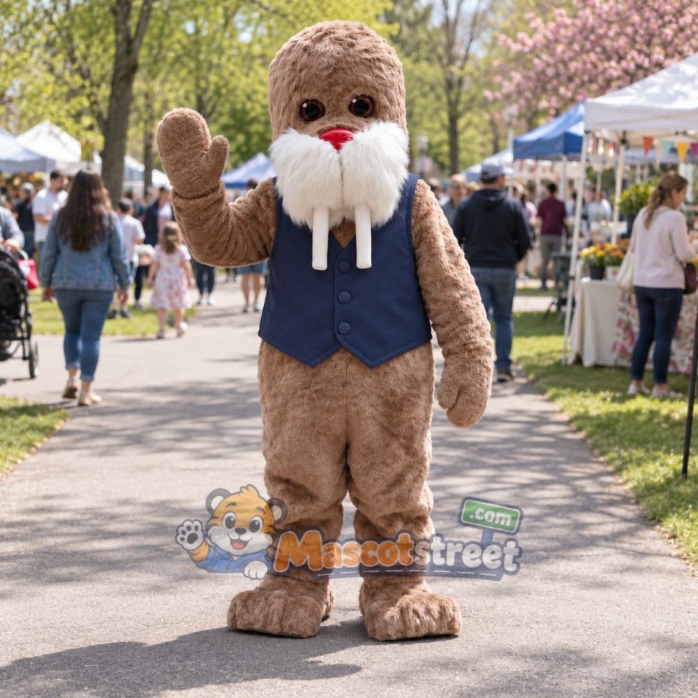 Brown Walrus Mascot Costume with Navy Vest Brown Walrus Mascot Costume with Navy Vest