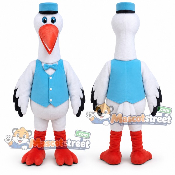 White Stork Mascot Costume with Blue Vest and Hat