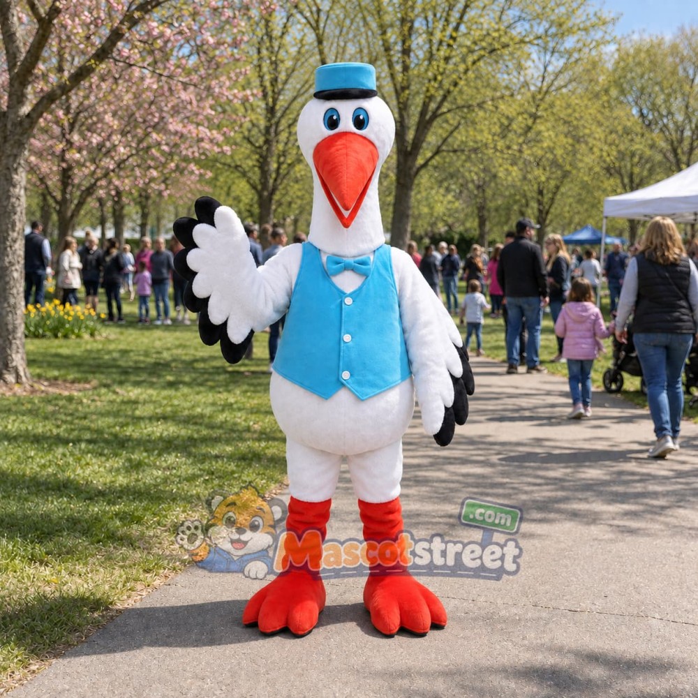 White Stork Mascot Costume with Blue Vest and Hat