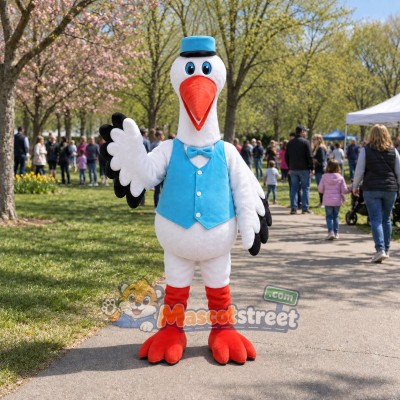 White Stork Mascot Costume with Blue Vest and Hat