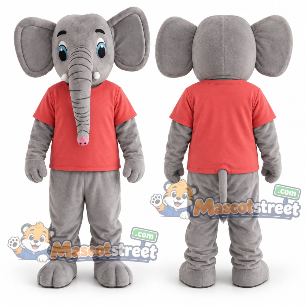 Gray Elephant Mascot Costume with Coral Shirt Gray Elephant Mascot Costume with Coral Shirt