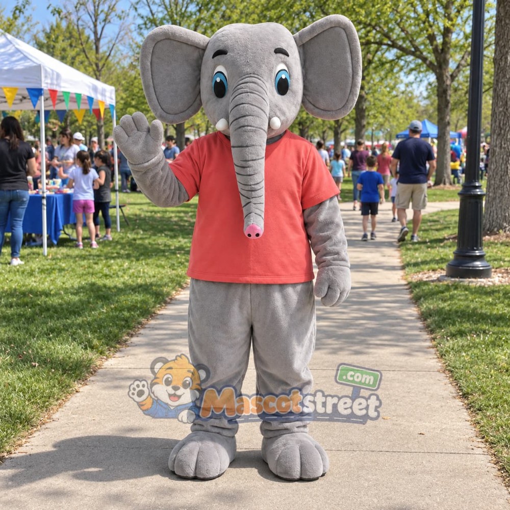 Gray Elephant Mascot Costume with Coral Shirt Gray Elephant Mascot Costume with Coral Shirt