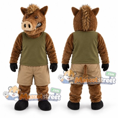 Brown Boar Mascot Costume with Green Shirt and Khaki Shorts Brown Boar Mascot Costume with Green Shirt and Khaki Shorts