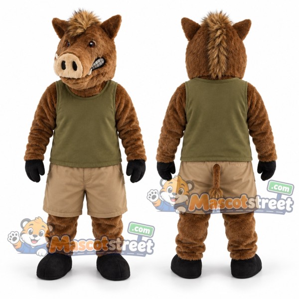 Brown Boar Mascot Costume with Green Shirt and Khaki Shorts