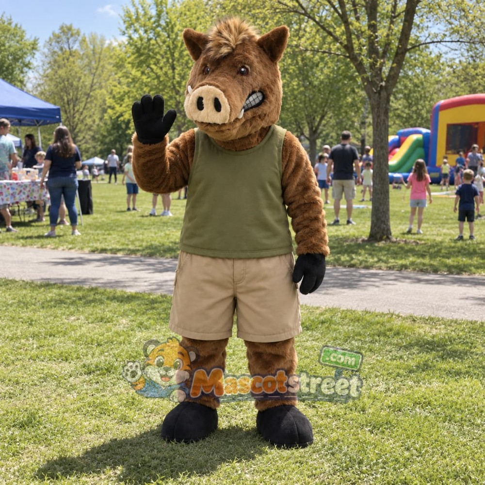Brown Boar Mascot Costume with Green Shirt and Khaki Shorts Brown Boar Mascot Costume with Green Shirt and Khaki Shorts
