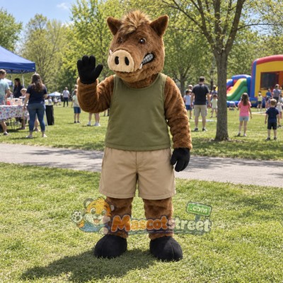 Brown Boar Mascot Costume with Green Shirt and Khaki Shorts Brown Boar Mascot Costume with Green Shirt and Khaki Shorts