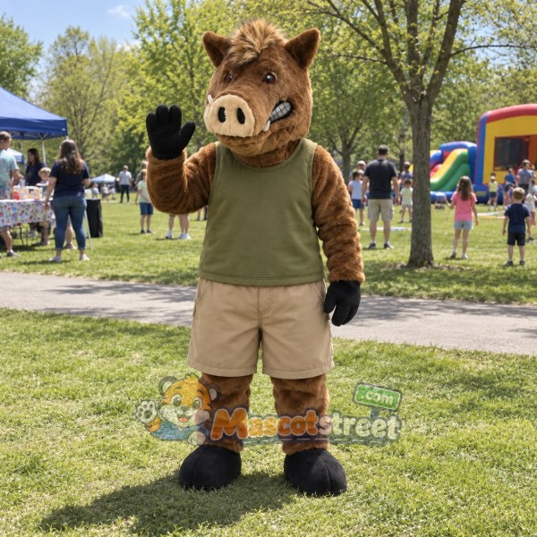 Brown Boar Mascot Costume with Green Shirt and Khaki Shorts