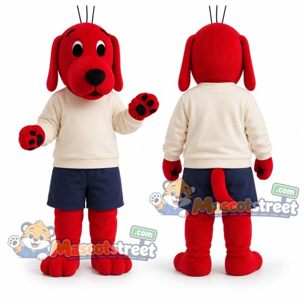 Red Dog Mascot Costume with Cream Shirt and Navy Shorts