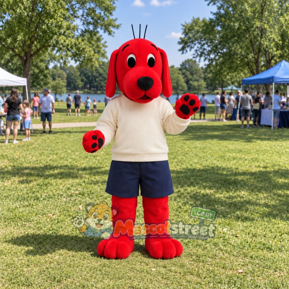 Red Dog Mascot Costume with Cream Shirt and Navy Shorts Red Dog Mascot Costume with Cream Shirt and Navy Shorts