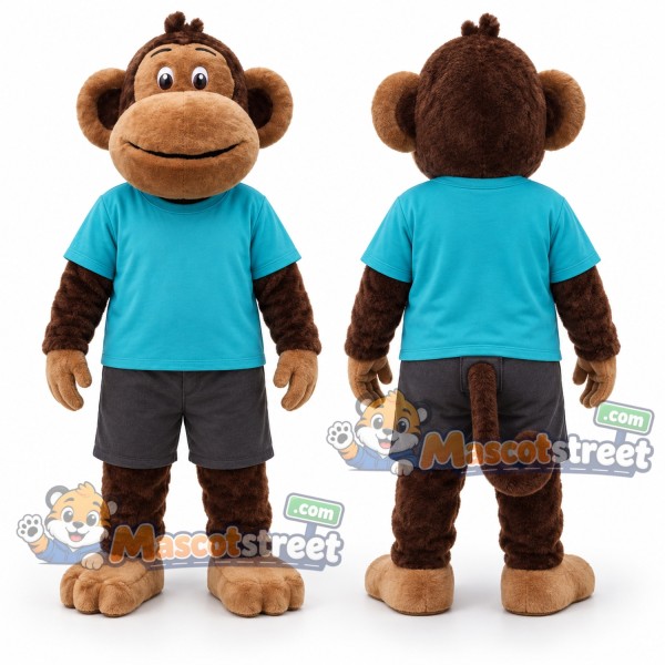 Brown Monkey Mascot Costume with Teal Shirt and Gray Shorts