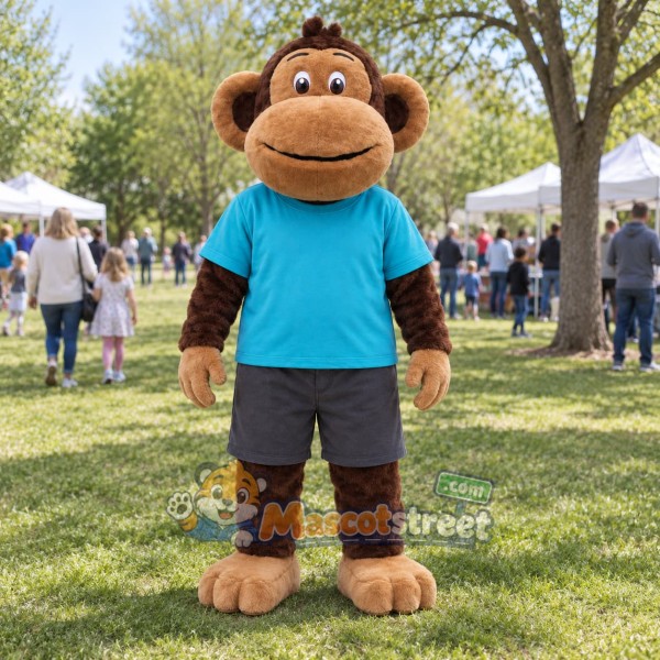 Brown Monkey Mascot Costume with Teal Shirt and Gray Shorts