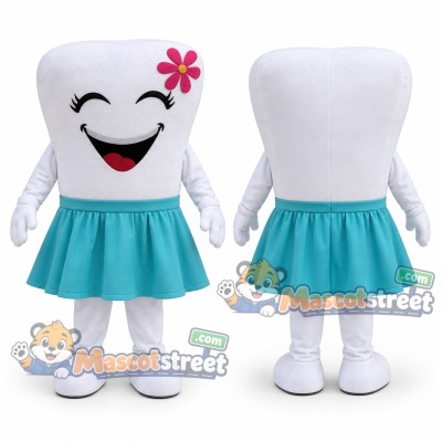 White Tooth Mascot Costume with Teal Skirt and Flower