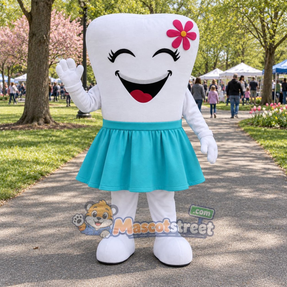 White Tooth Mascot Costume with Teal Skirt and Flower