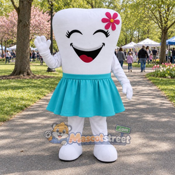 White Tooth Mascot Costume with Teal Skirt and Flower