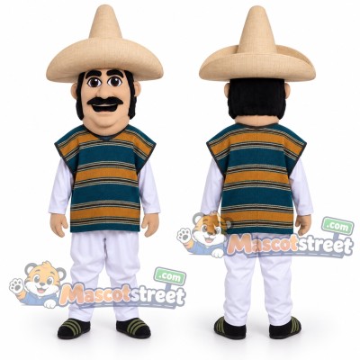 Mustached Man Mascot Costume with Striped Poncho and Sombrero Mustached Man Mascot Costume with Striped Poncho and Sombrero