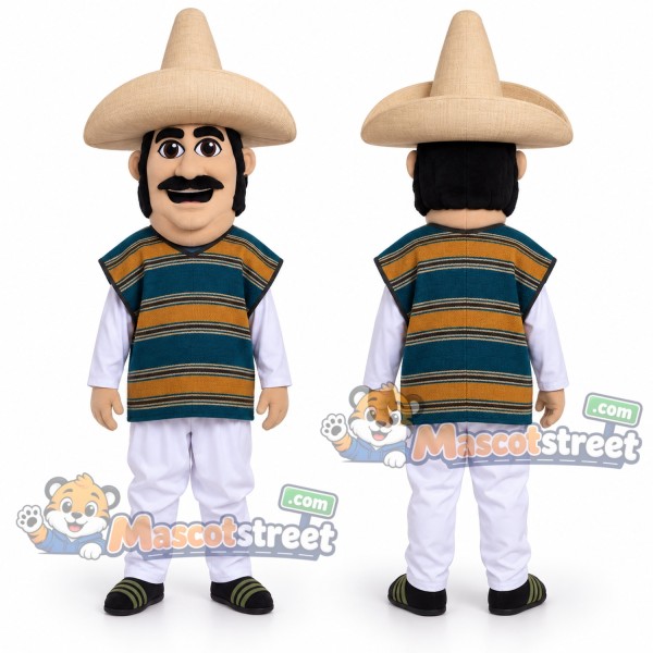 Mustached Man Mascot Costume with Striped Poncho and Sombrero