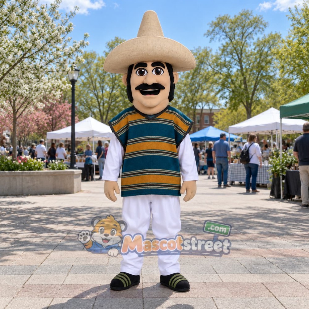 Mustached Man Mascot Costume with Striped Poncho and Sombrero Mustached Man Mascot Costume with Striped Poncho and Sombrero