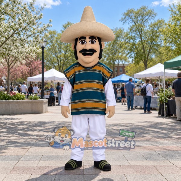 Mustached Man Mascot Costume with Striped Poncho and Sombrero