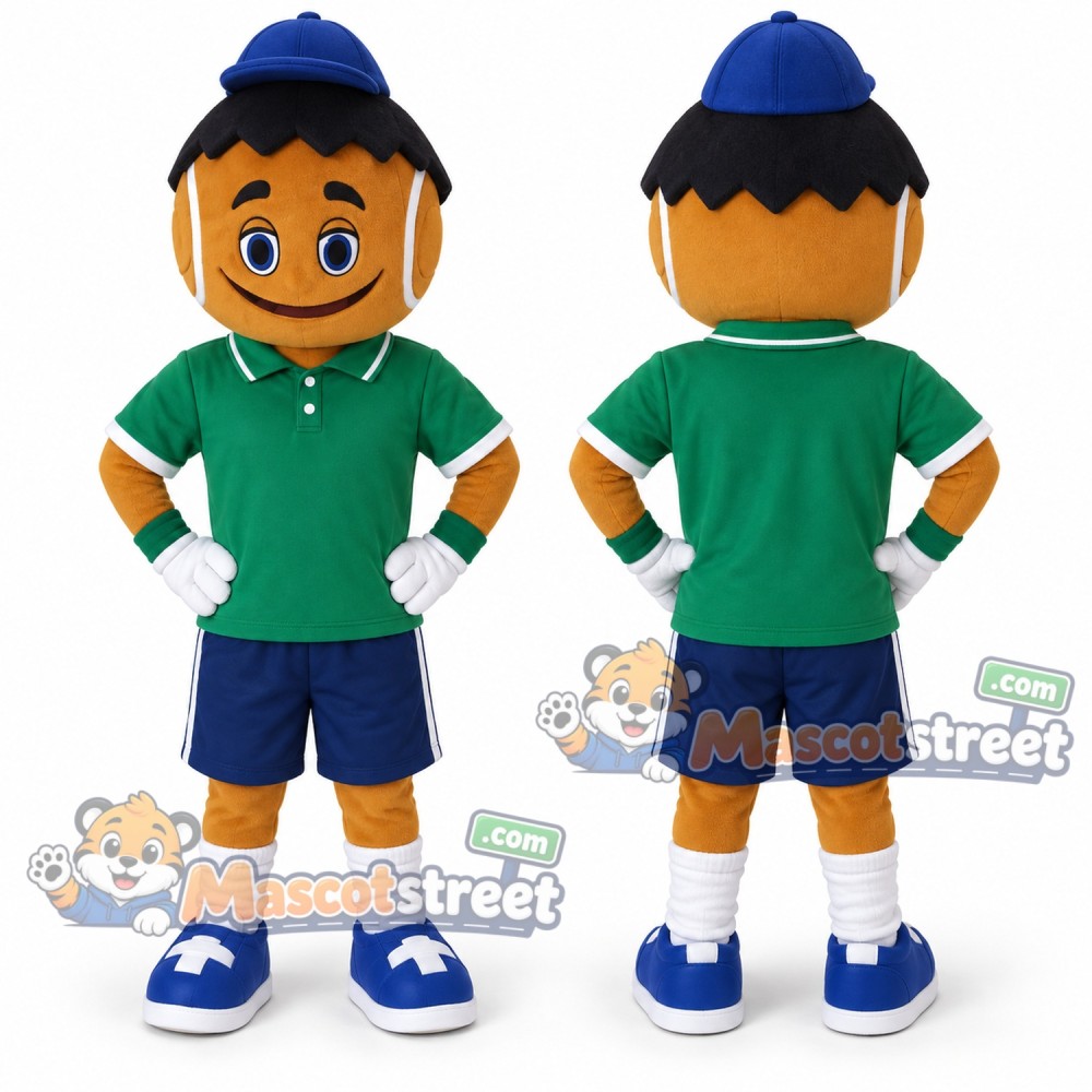 Tennis Boy Mascot Costume with Green Shirt and Navy Shorts