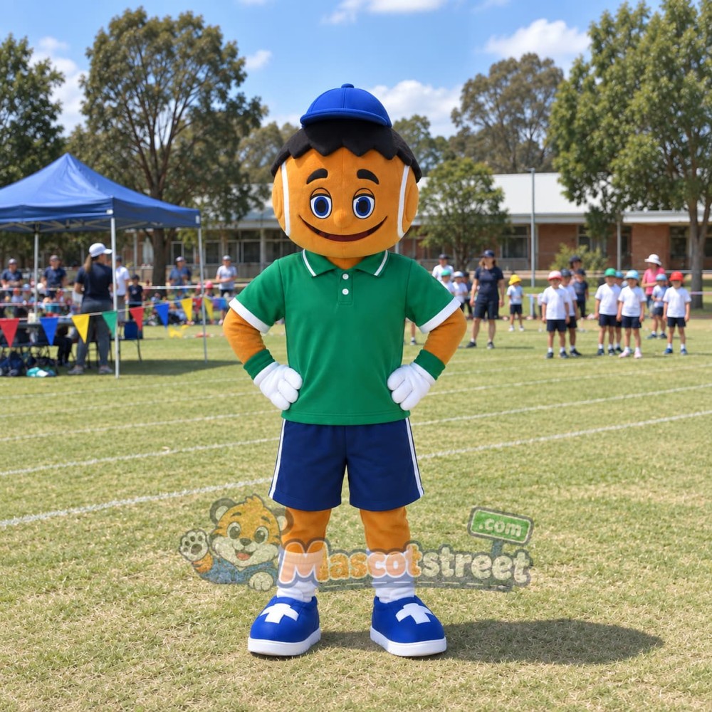 Tennis Boy Mascot Costume with Green Shirt and Navy Shorts